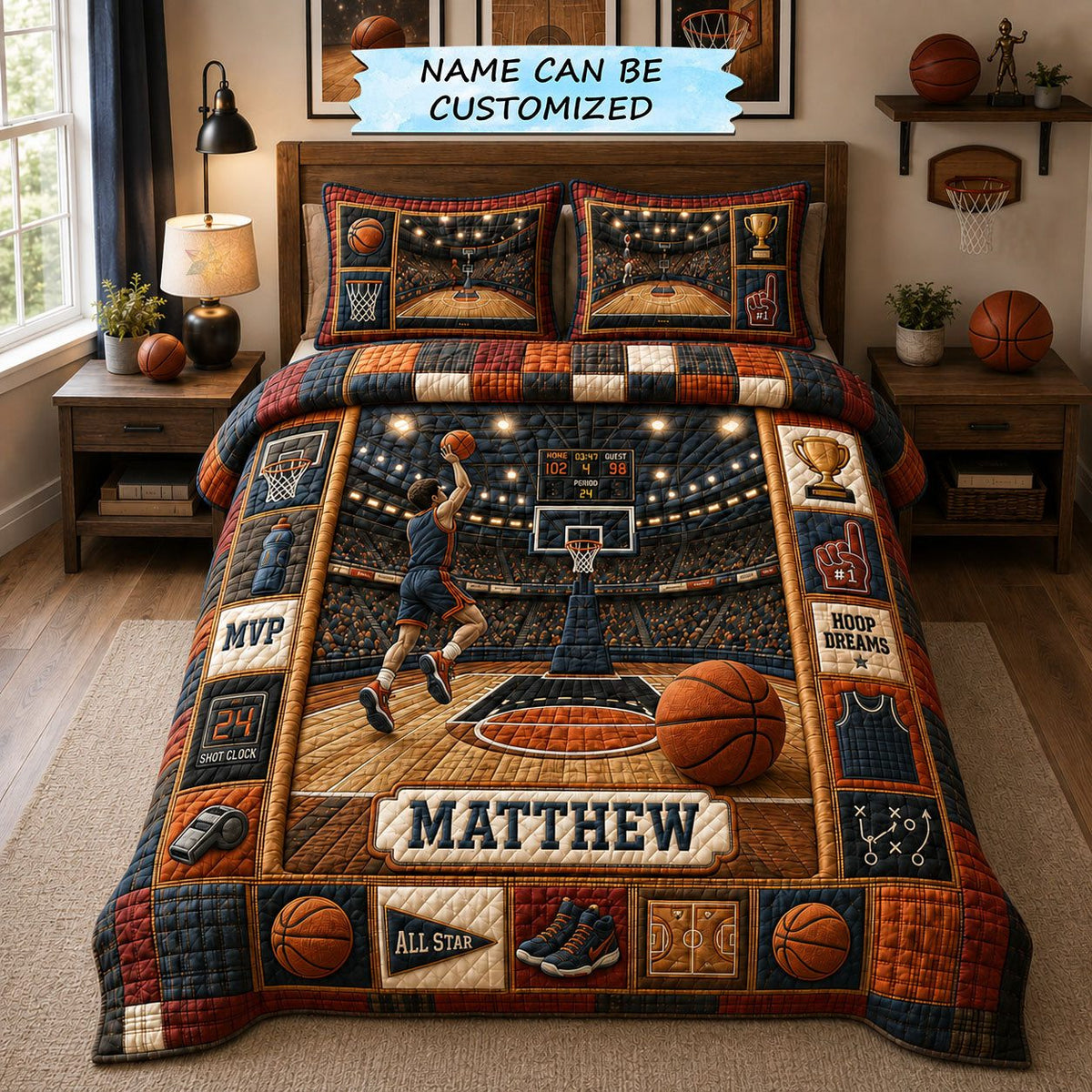 Personalized Basketball Hoop Dreams 3-Piece Quilted Bedding Set QTCUZ quilted 3-piece bedding set on a made bed with two matching pillow shams