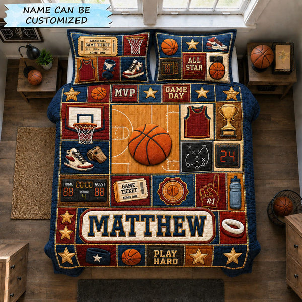 Personalized Basketball Play Hard 3-Piece Quilted Bedding Set quilted 3-piece bedding set on a made bed with two matching pillow shams