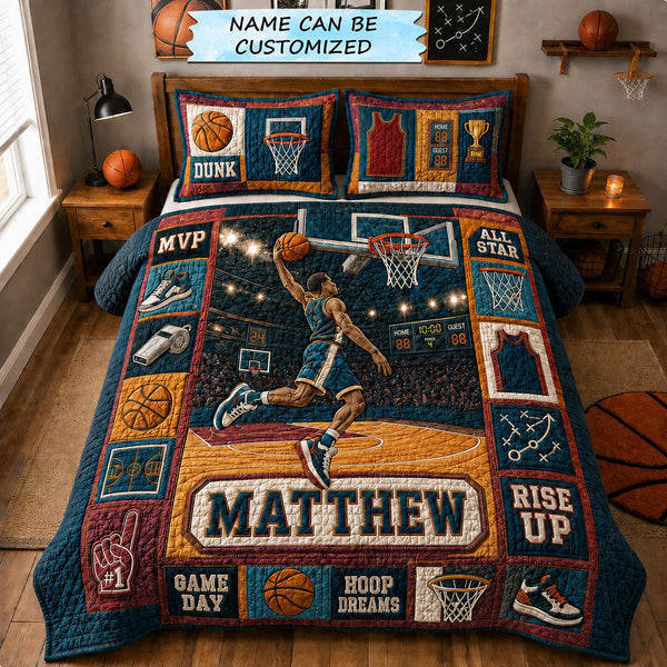 Personalized Basketball Rise Up 3-Piece Quilted Bedding Set quilted 3-piece bedding set on a made bed with two matching pillow shams