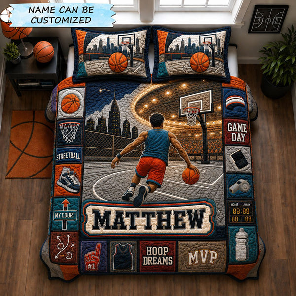 Personalized Basketball Streetball Hoop Dreams 3-Piece Quilted Bedding Set quilted 3-piece bedding set on a made bed with two matching pillow shams