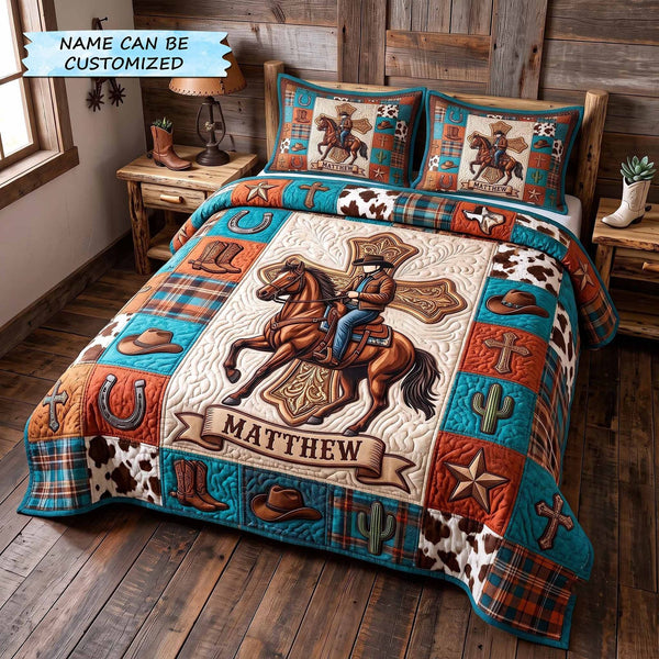 Personalized Cowboy Spirit 3-Piece Quilted Bedding Set QTCUZ - Design 1 quilted 3-piece bedding set on a made bed in a rustic timber bedroom