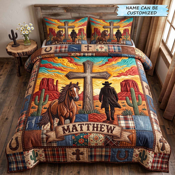 Personalized Cowboy Spirit 3-Piece Quilted Bedding Set QTCUZ - Design 2 quilted 3-piece bedding set on a made bed in a rustic timber bedroom