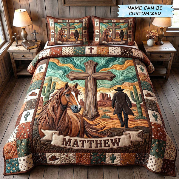 Personalized Cowboy Spirit 3-Piece Quilted Bedding Set QTCUZ - Design 3 quilted 3-piece bedding set on a made bed in a rustic timber bedroom