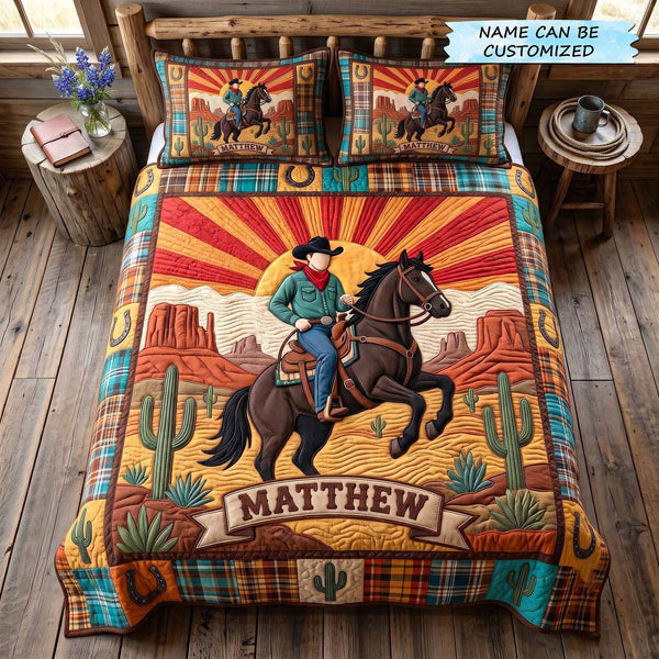 Personalized Cowboy Spirit 3-Piece Quilted Bedding Set QTCUZ - Design 4 quilted 3-piece bedding set on a made bed in a rustic timber bedroom