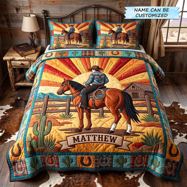 Personalized Cowboy Spirit 3-Piece Quilted Bedding Set QTCUZ - Design 5 quilted 3-piece bedding set on a made bed in a rustic timber bedroom