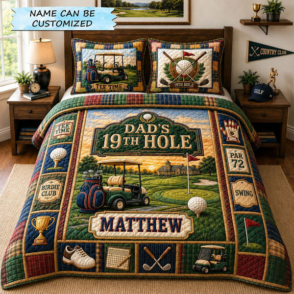 Personalized Dad’s 19th Hole Golf 3-Piece Quilted Bedding Set quilted 3-piece bedding set on a made bed with two matching pillow shams