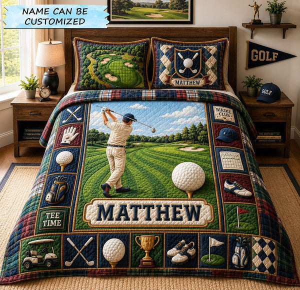 Personalized Fairway Golfer 3-Piece Quilted Bedding Set quilted 3-piece bedding set on a made bed with two matching pillow shams