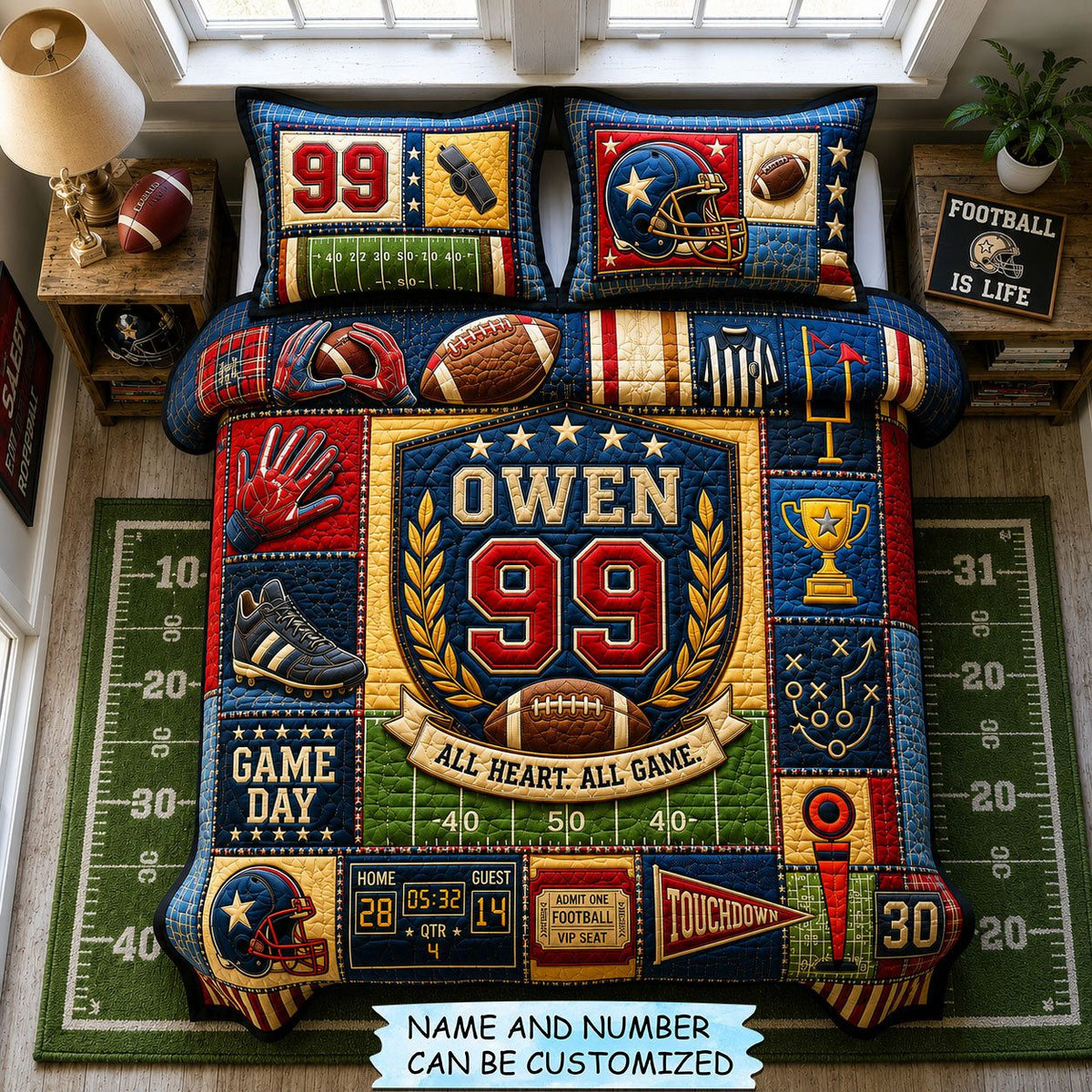 Personalized Football All Heart All Game 3-Piece Quilted Bedding Set QTCUZ quilted 3-piece bedding set on a made bed with two matching pillow shams