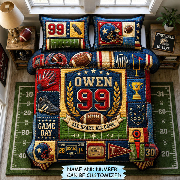 Personalized Football All Heart All Game 3-Piece Quilted Bedding Set quilted 3-piece bedding set on a made bed with two matching pillow shams