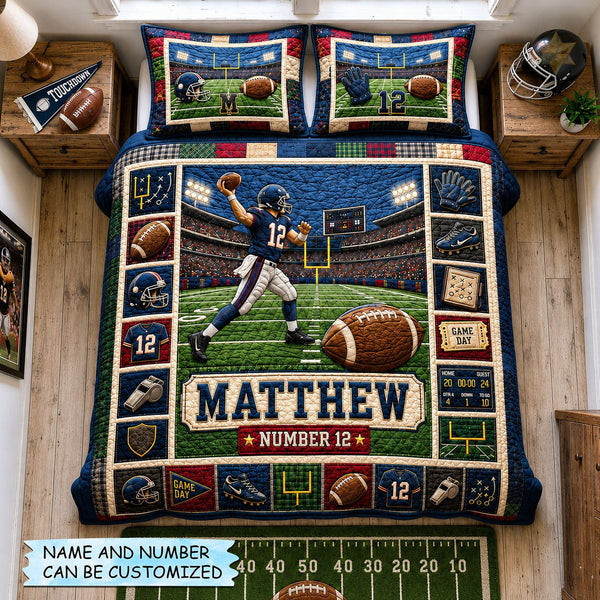 Personalized Football Champion 3-Piece Quilted Bedding Set quilted 3-piece bedding set on a made bed with two matching pillow shams