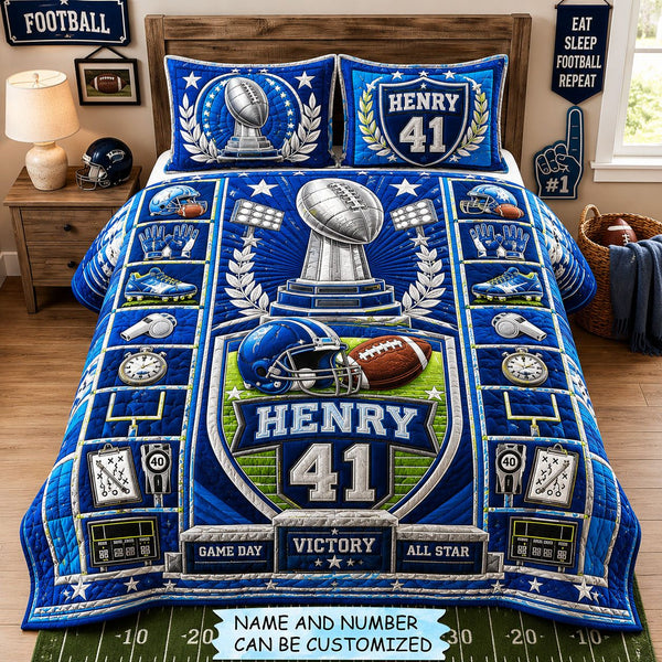 Personalized Football Championship Trophy Star 3-Piece Quilted Bedding Set quilted 3-piece bedding set on a made bed with two matching pillow shams