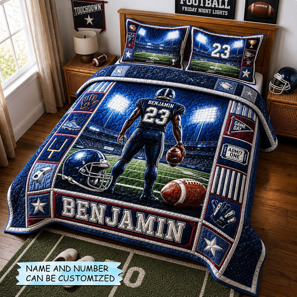 Personalized Football Friday Night Hero 3-Piece Quilted Bedding Set quilted 3-piece bedding set on a made bed with two matching pillow shams
