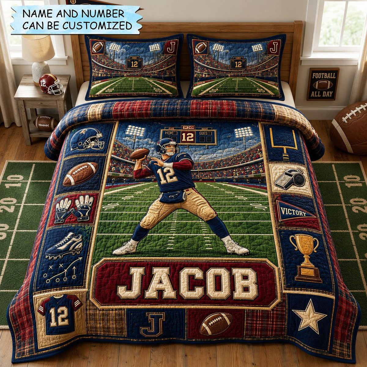 Personalized Football Game Day Quarterback 3-Piece Quilted Bedding Set QTCUZ quilted 3-piece bedding set on a made bed with two matching pillow shams