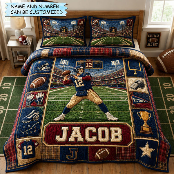 Personalized Football Game Day Quarterback 3-Piece Quilted Bedding Set quilted 3-piece bedding set on a made bed with two matching pillow shams