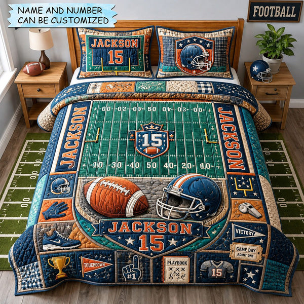 Personalized Football Gridiron Field Champion 3-Piece Quilted Bedding Set QTCUZ quilted 3-piece bedding set on a made bed with two matching pillow shams