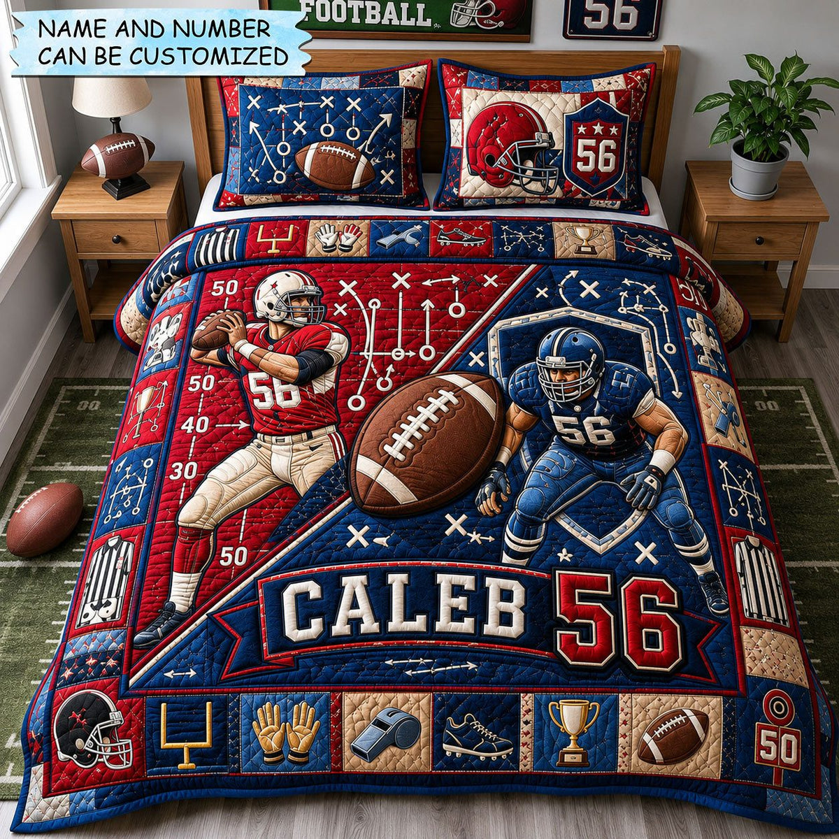 Personalized Football Gridiron Rivalry Clash 3-Piece Quilted Bedding Set QTCUZ quilted 3-piece bedding set on a made bed with two matching pillow shams