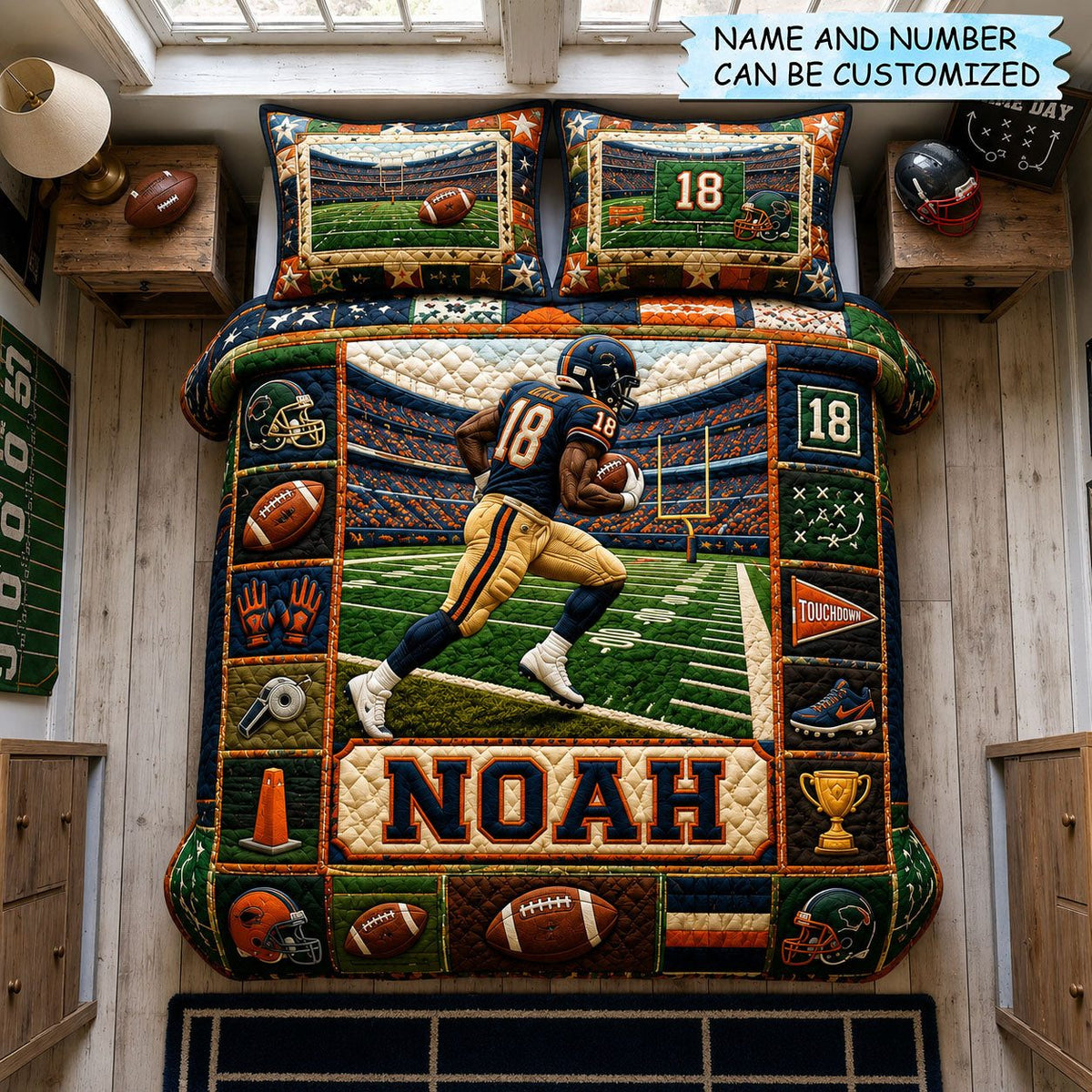 Personalized Football Gridiron Running Hero 3-Piece Quilted Bedding Set QTCUZ quilted 3-piece bedding set on a made bed with two matching pillow shams
