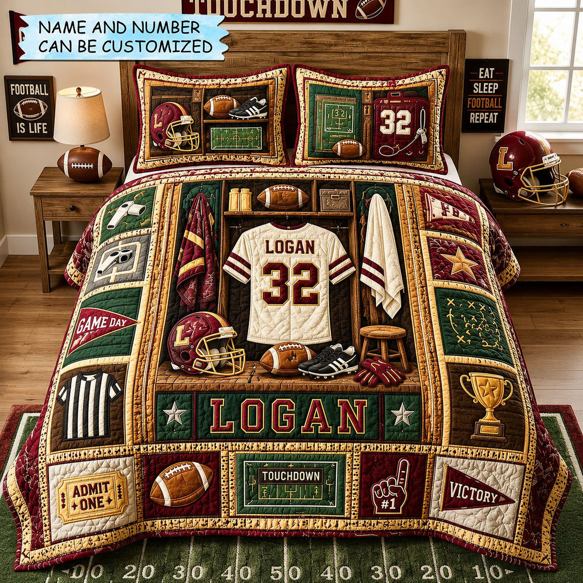 Personalized Football Locker Legend 3-Piece Quilted Bedding Set QTCUZ quilted 3-piece bedding set on a made bed with two matching pillow shams