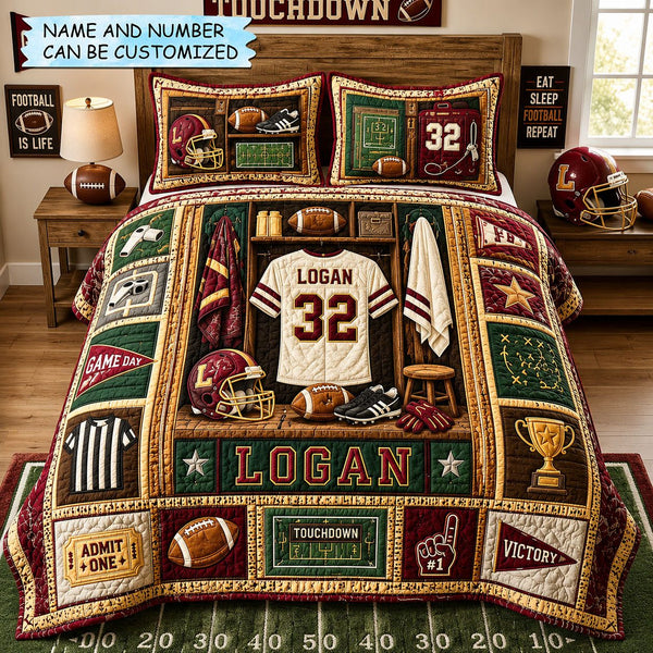 Personalized Football Locker Legend 3-Piece Quilted Bedding Set quilted 3-piece bedding set on a made bed with two matching pillow shams