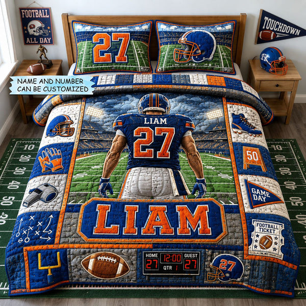 Personalized Football Rising Star 3-Piece Quilted Bedding Set quilted 3-piece bedding set on a made bed with two matching pillow shams