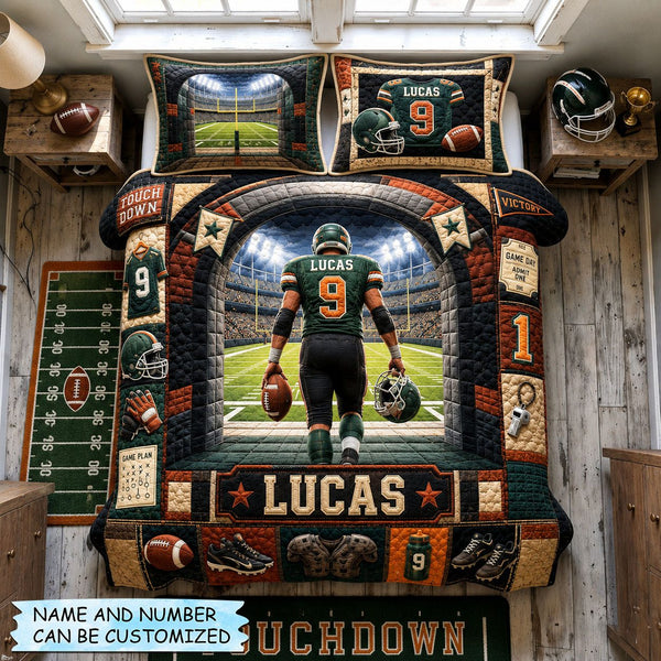 Personalized Football Stadium Entrance Champion 3-Piece Quilted Bedding Set quilted 3-piece bedding set on a made bed with two matching pillow shams