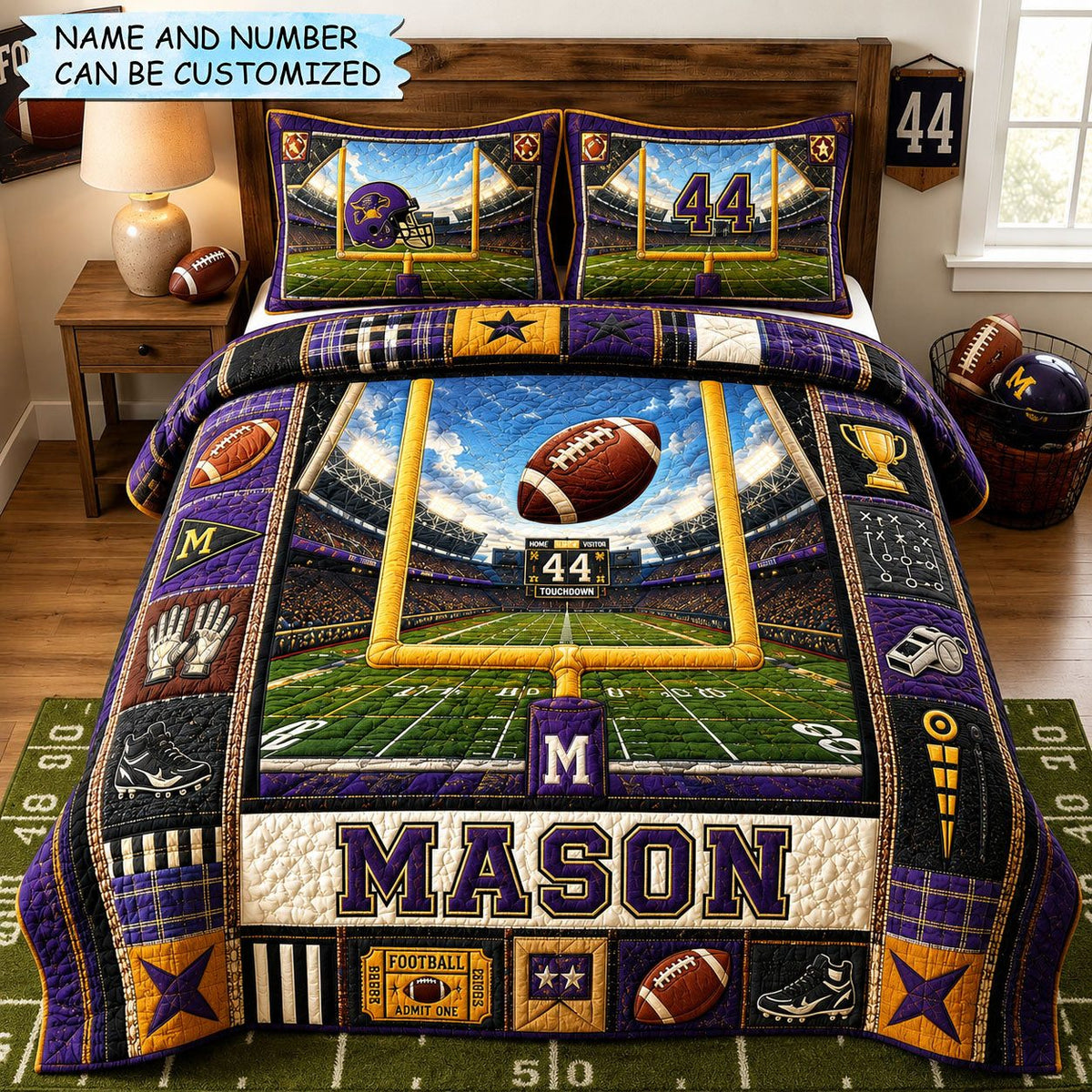Personalized Football Stadium Glory 3-Piece Quilted Bedding Set QTCUZ quilted 3-piece bedding set on a made bed with two matching pillow shams