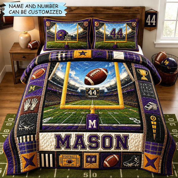 Personalized Football Stadium Glory 3-Piece Quilted Bedding Set quilted 3-piece bedding set on a made bed with two matching pillow shams