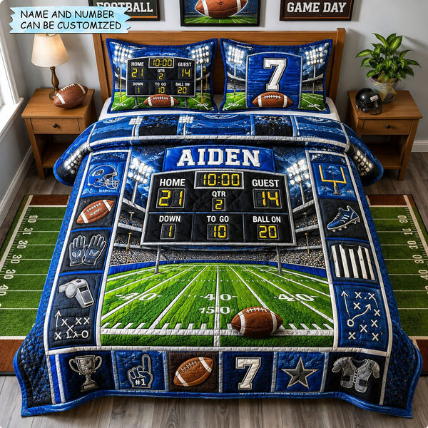 Personalized Football Ultimate Scoreboard Champion 3-Piece Quilted Bedding Set quilted 3-piece bedding set on a made bed with two matching pillow shams