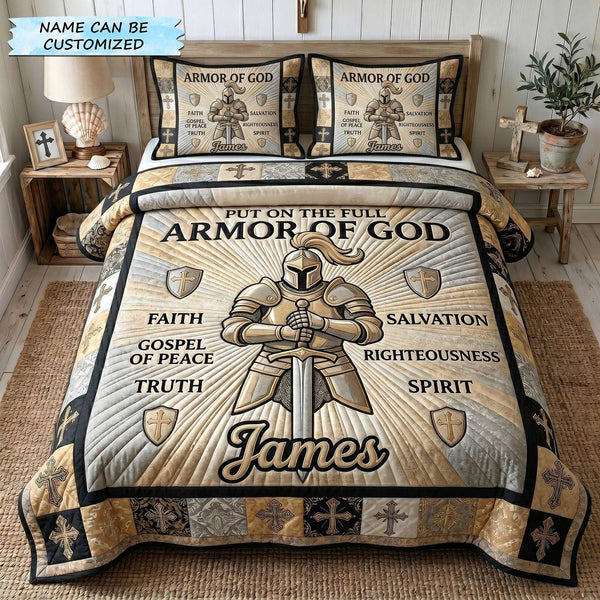 Personalized Full Armor Of God 3-Piece Quilted Bedding Set QTCUZ - Design 1 quilted 3-piece bedding set on a made bed in a softly lit bedroom