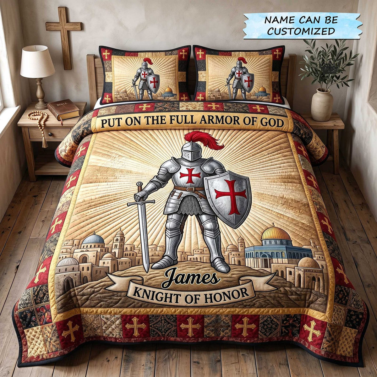 Personalized Full Armor Of God 3-Piece Quilted Bedding Set QTCUZ - Design 2 quilted 3-piece bedding set on a made bed in a softly lit bedroom
