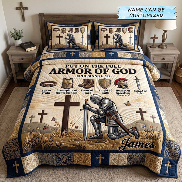 Personalized Full Armor Of God 3-Piece Quilted Bedding Set QTCUZ - Design 3 quilted 3-piece bedding set on a made bed in a softly lit bedroom
