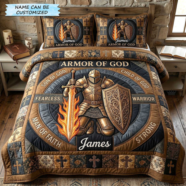 Personalized Full Armor Of God 3-Piece Quilted Bedding Set QTCUZ - Design 4 quilted 3-piece bedding set on a made bed in a softly lit bedroom