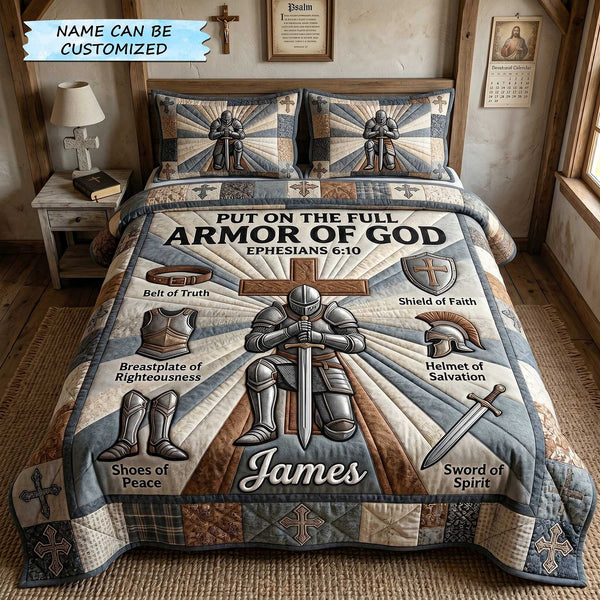 Personalized Full Armor Of God 3-Piece Quilted Bedding Set QTCUZ - Design 5 quilted 3-piece bedding set on a made bed in a softly lit bedroom