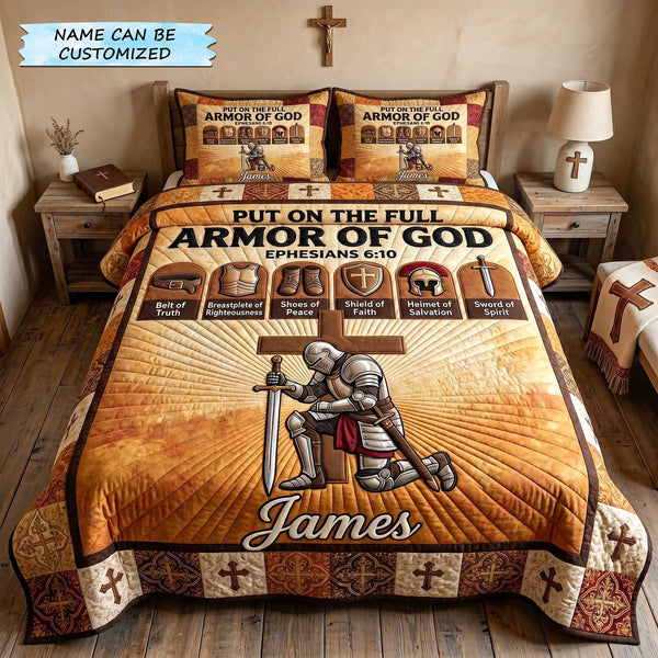 Personalized Full Armor Of God 3-Piece Quilted Bedding Set QTCUZ - Design 6 quilted 3-piece bedding set on a made bed in a softly lit bedroom