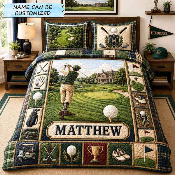 Personalized Golf Clubhouse Swing 3-Piece Quilted Bedding Set quilted 3-piece bedding set on a made bed with two matching pillow shams