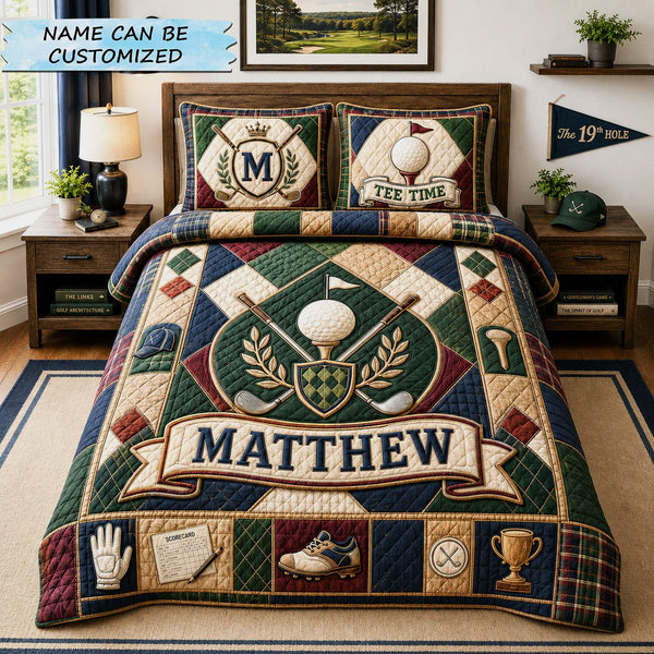 Personalized Golf Crest Patchwork 3-Piece Quilted Bedding Set quilted 3-piece bedding set on a made bed in a farmhouse bedroom