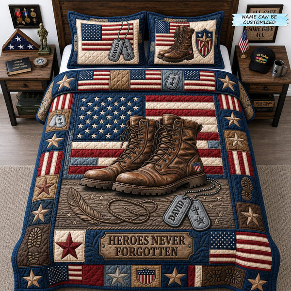 Personalized Military 3-Piece Quilted Bedding Set - Design 1 quilted 3-piece bedding set on a made bed in a warmly lit bedroom