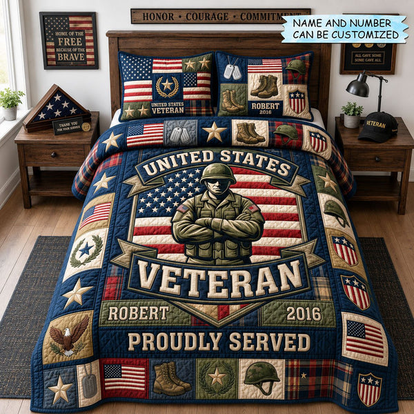 Personalized Military 3-Piece Quilted Bedding Set - Design 2 quilted 3-piece bedding set on a made bed in a warmly lit bedroom
