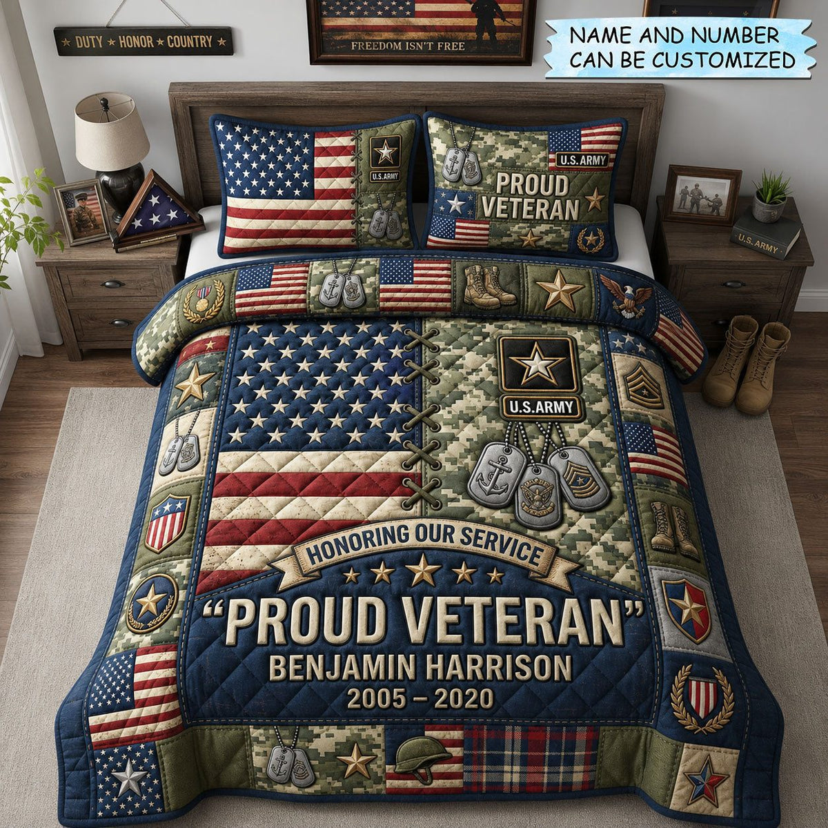 Personalized Proud Veteran 3-Piece Quilted Bedding Set QTCUZ quilted 3-piece bedding set on a made bed in a warmly lit bedroom