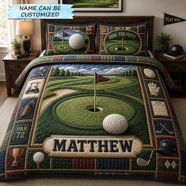 Personalized Sink The Putt Golf 3-Piece Quilted Bedding Set QTCUZ quilted 3-piece bedding set on a made bed with two matching pillow shams