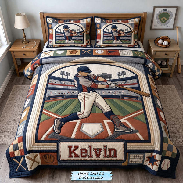 Personalized Slugger 3-Piece Quilted Bedding Set quilted 3-piece bedding set on a made bed with two matching pillow shams