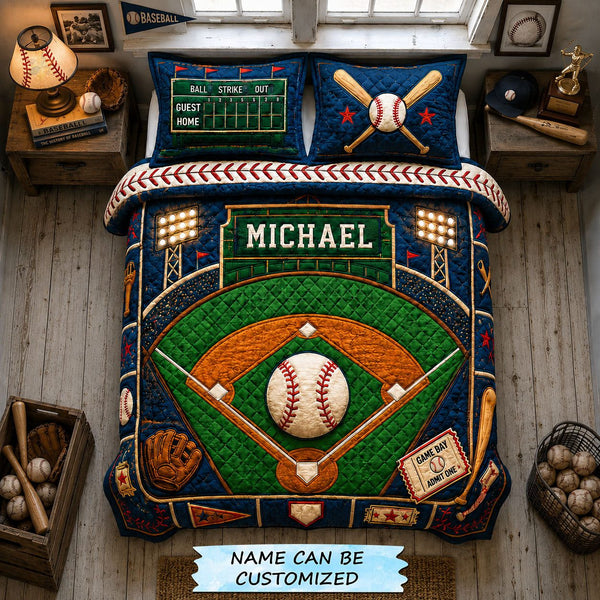 Personalized Stadium Memory Baseball 3-Piece Quilted Bedding Set quilted 3-piece bedding set on a made bed with two matching pillow shams