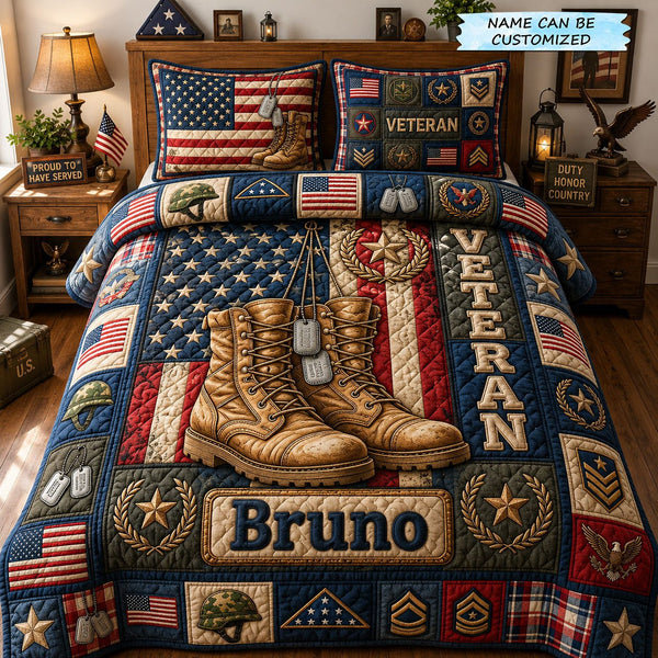 Personalized Veteran 3-Piece Quilted Bedding Set - Design 1 quilted 3-piece bedding set on a made bed in a warmly lit bedroom