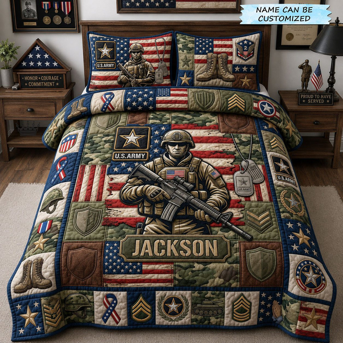 Personalized Veteran 3-Piece Quilted Bedding Set QTCUZ - Design 2 quilted 3-piece bedding set on a made bed in a warmly lit bedroom