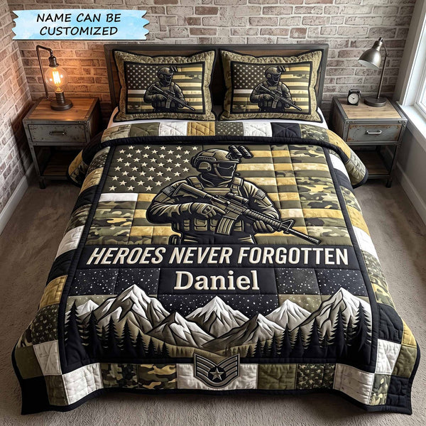 Personalized Veteran Pride 3-Piece Quilted Bedding Set QTCUZ - Design 1 quilted 3-piece bedding set on a made bed in a warmly lit bedroom