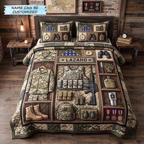 Personalized Veteran Pride 3-Piece Quilted Bedding Set QTCUZ - Design 2 quilted 3-piece bedding set on a made bed in a warmly lit bedroom