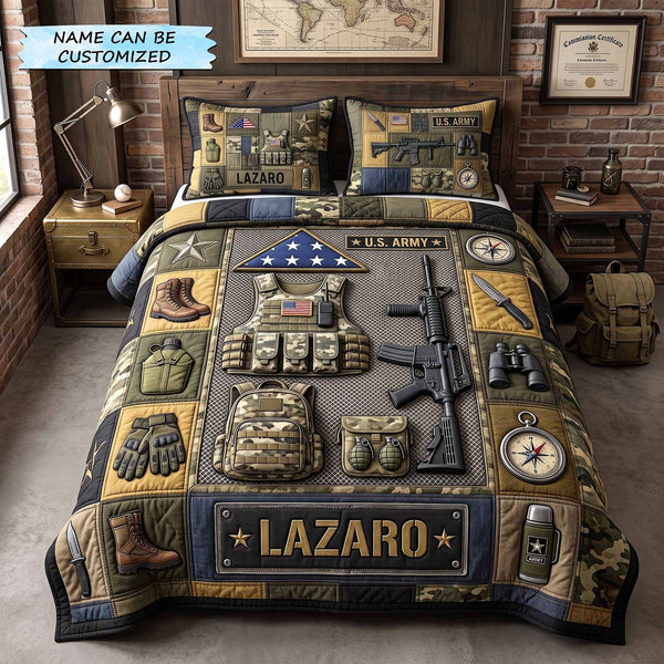 Personalized Veteran Pride 3-Piece Quilted Bedding Set QTCUZ - Design 3 quilted 3-piece bedding set on a made bed in a warmly lit bedroom