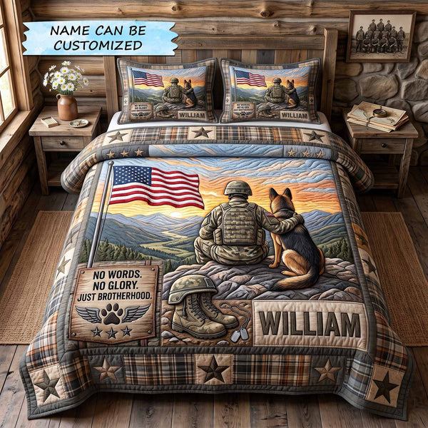 Personalized Veteran Pride 3-Piece Quilted Bedding Set - Design 4 quilted 3-piece bedding set on a made bed in a warmly lit bedroom