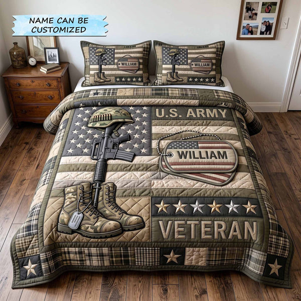 Personalized Veteran Pride 3-Piece Quilted Bedding Set QTCUZ - Design 6 quilted 3-piece bedding set on a made bed in a warmly lit bedroom