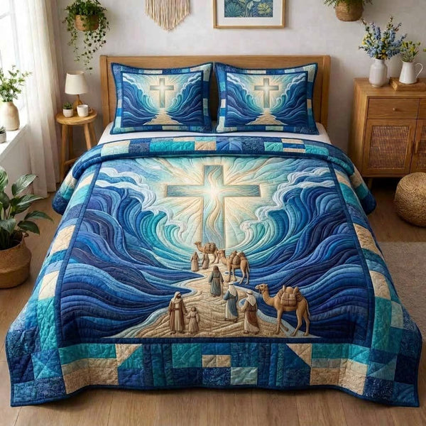 Pesach Blessing quilted 3-piece bedding set on a made bed with two matching pillow shams